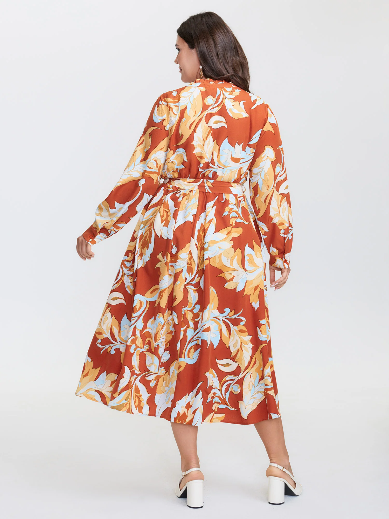 Leaf Print Waist-Defining Ruffled Neck Midi Dress - Image 5