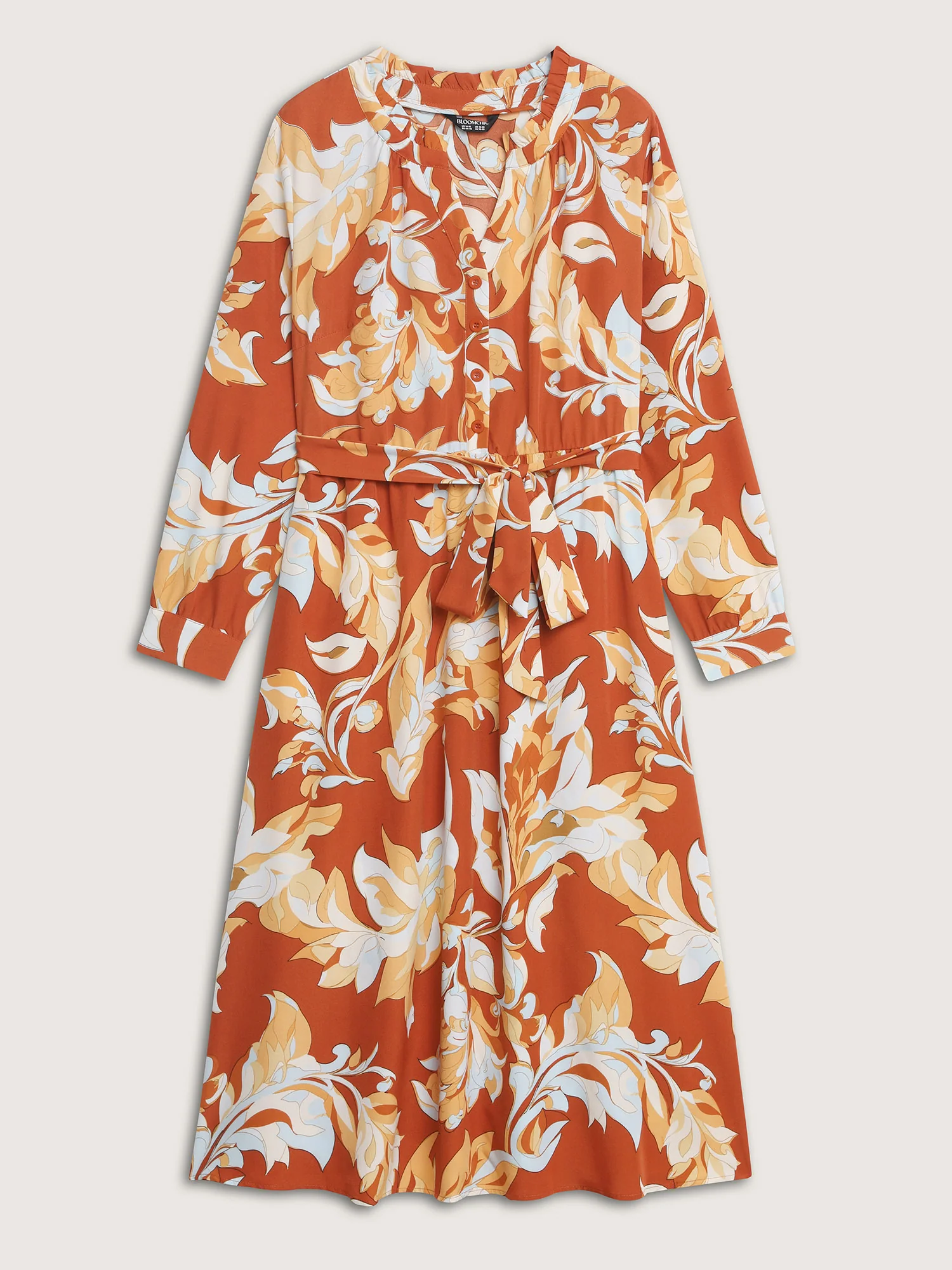 Leaf Print Waist-Defining Ruffled Neck Midi Dress - Image 8