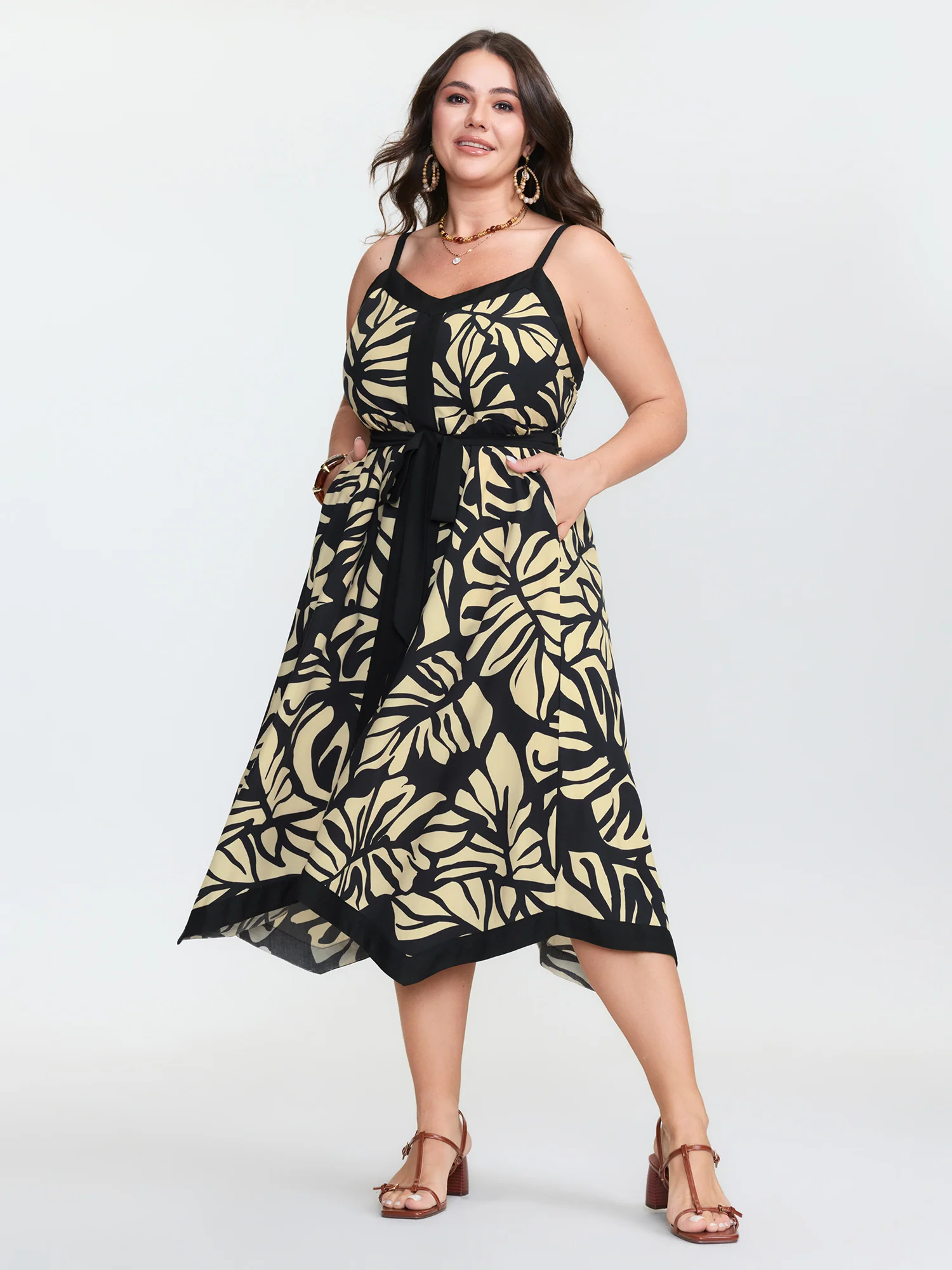 Leaf Print Waist Tie Cami Midi Dress - Image 3
