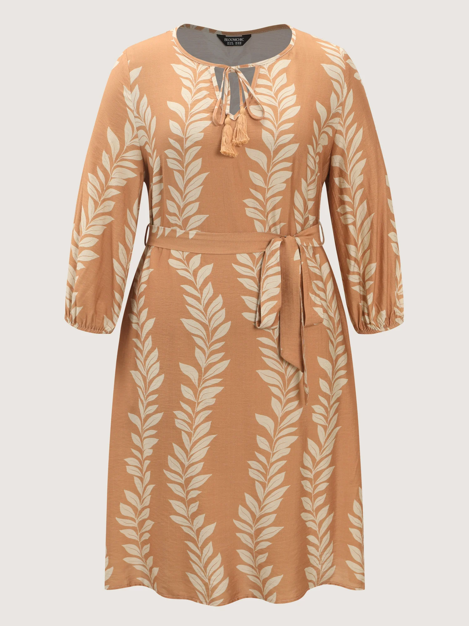 Leaf Print Waist-Tie Round Neck Mini Dress - Image 8