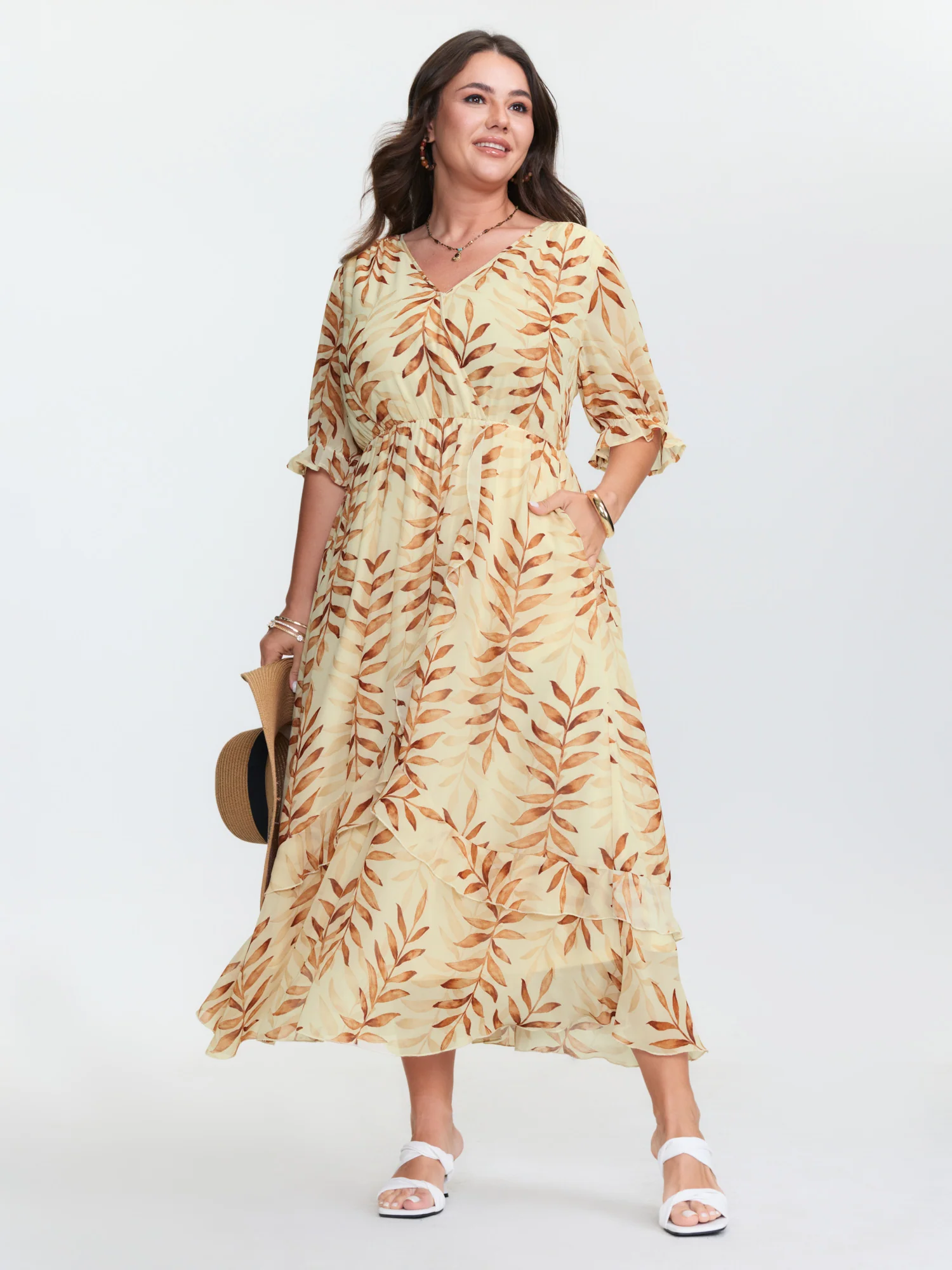 Leaf Print Wrap Neckline Ruffled Maxi Dress - Image 2
