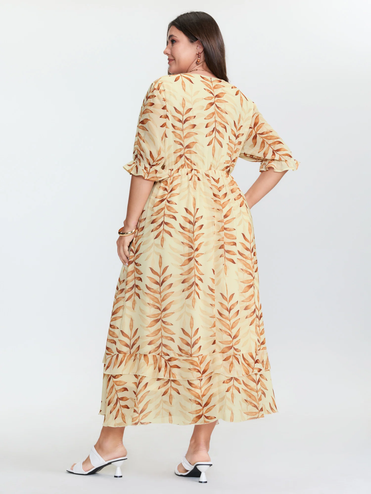Leaf Print Wrap Neckline Ruffled Maxi Dress - Image 4