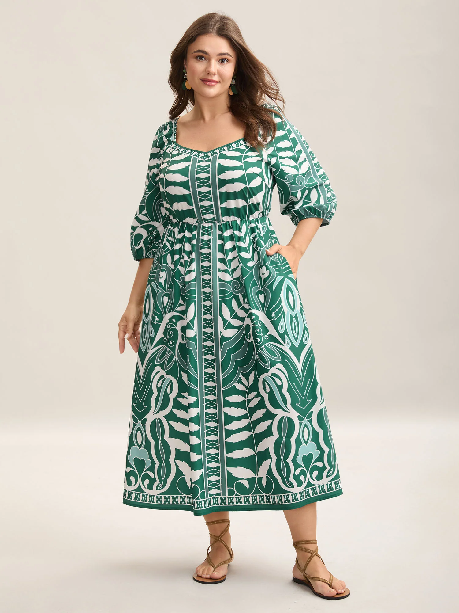 Leafy Print Puff Sleeve Pockets Midi Dress - Image 3