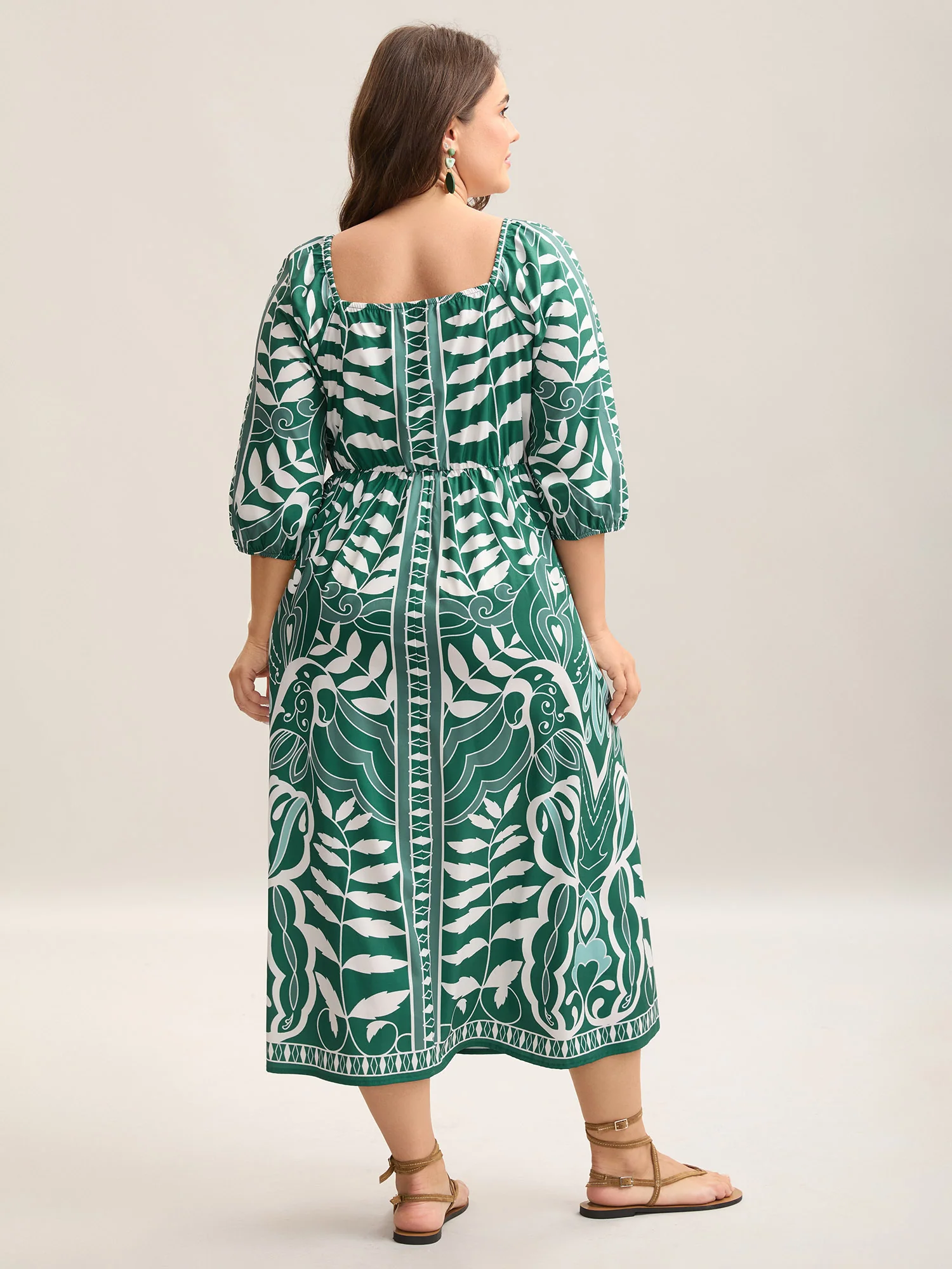Leafy Print Puff Sleeve Pockets Midi Dress - Image 4