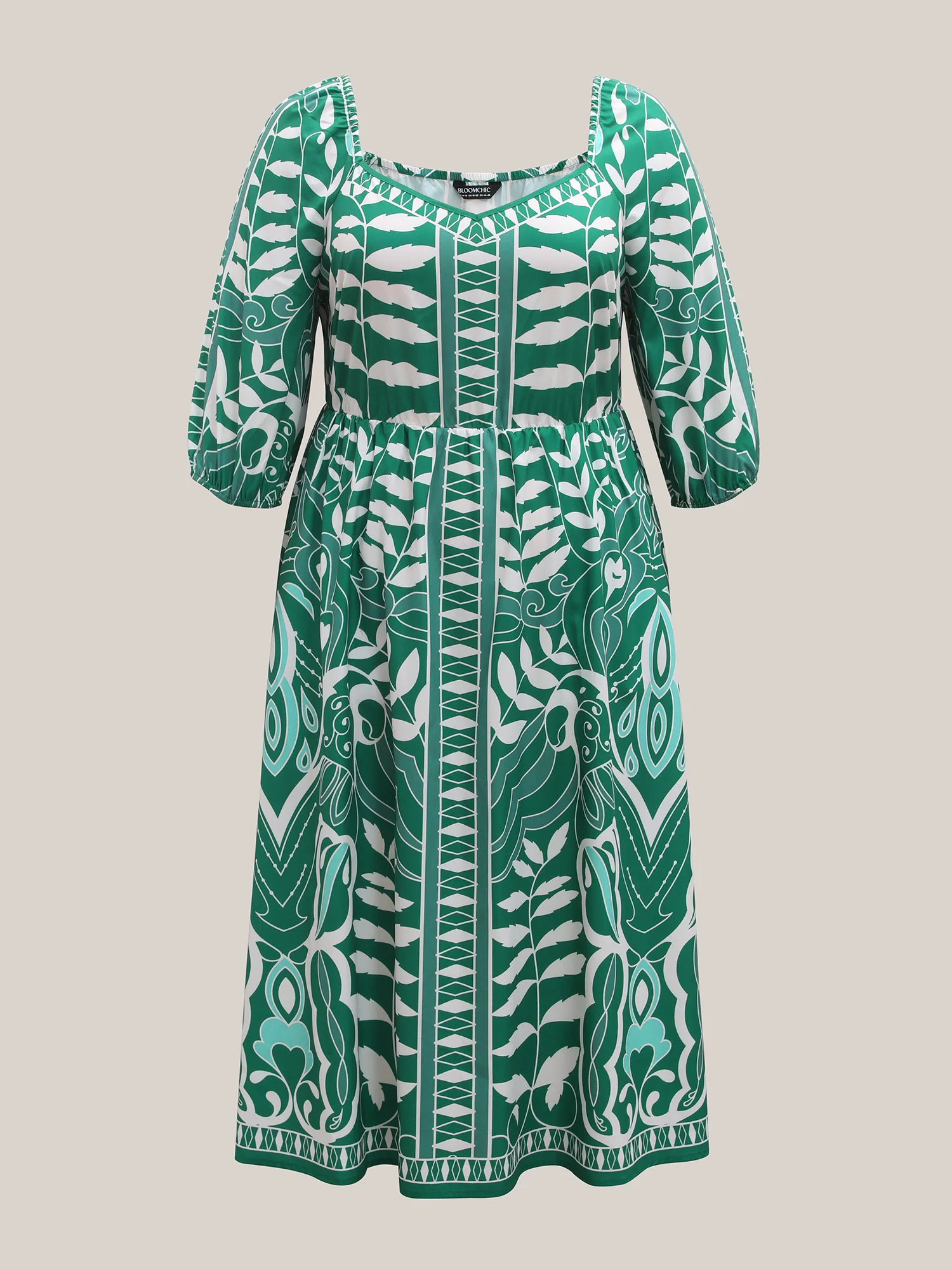 Leafy Print Puff Sleeve Pockets Midi Dress - Image 5