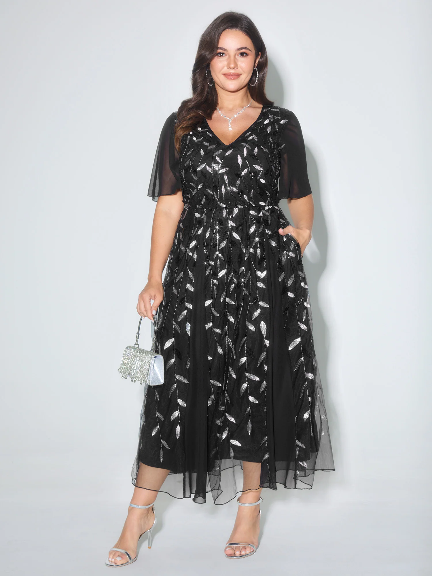 Leafy Print Sheer Sleeve V-Neck Maxi Dress - Image 3