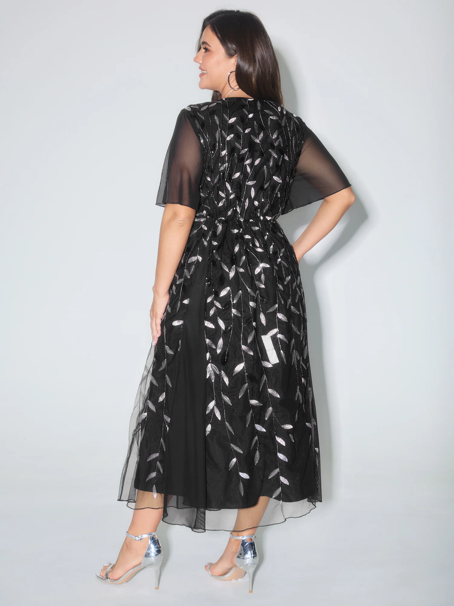 Leafy Print Sheer Sleeve V-Neck Maxi Dress - Image 4