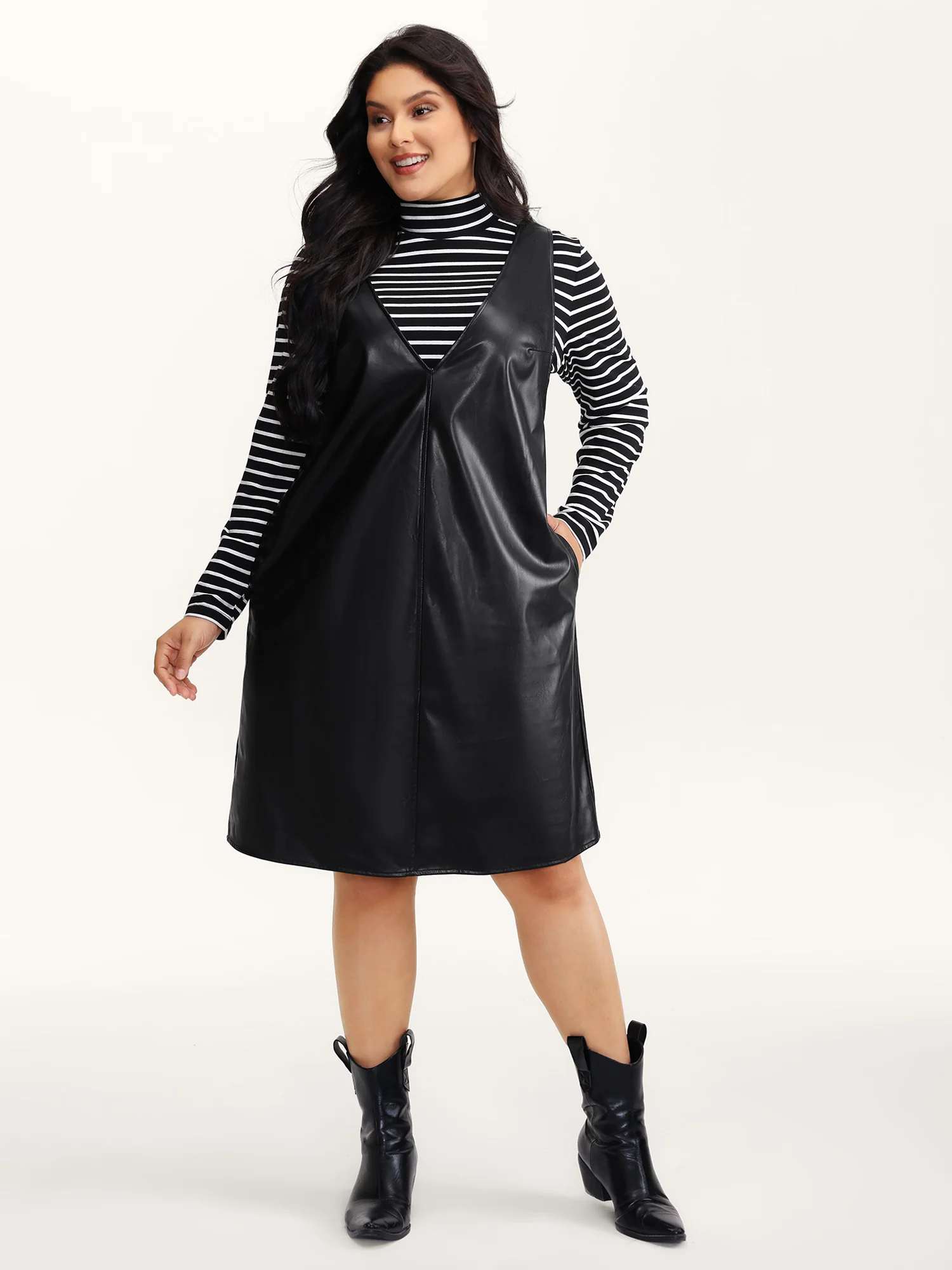 Leather V-Neck Sleeveless Sheath Dress - Image 3