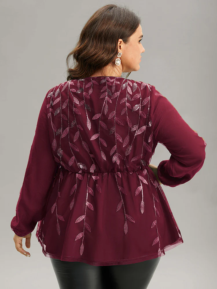 Leaves Embroidered Sequin Tiered Mesh Blouse - Image 2