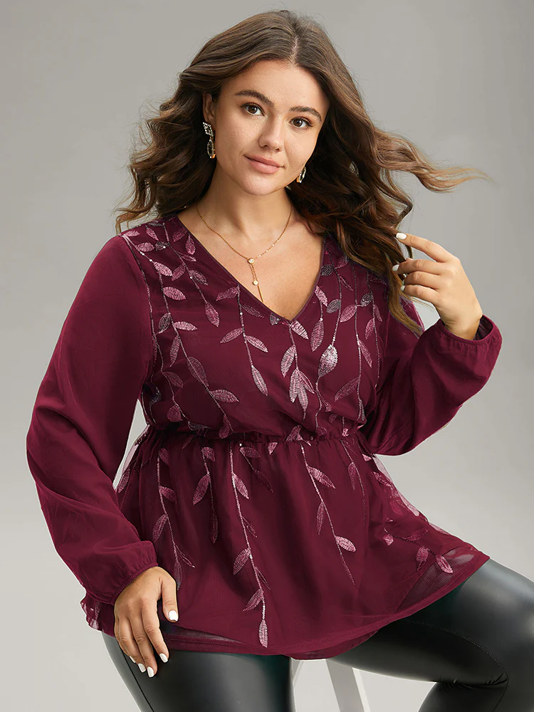 Leaves Embroidered Sequin Tiered Mesh Blouse - Image 3