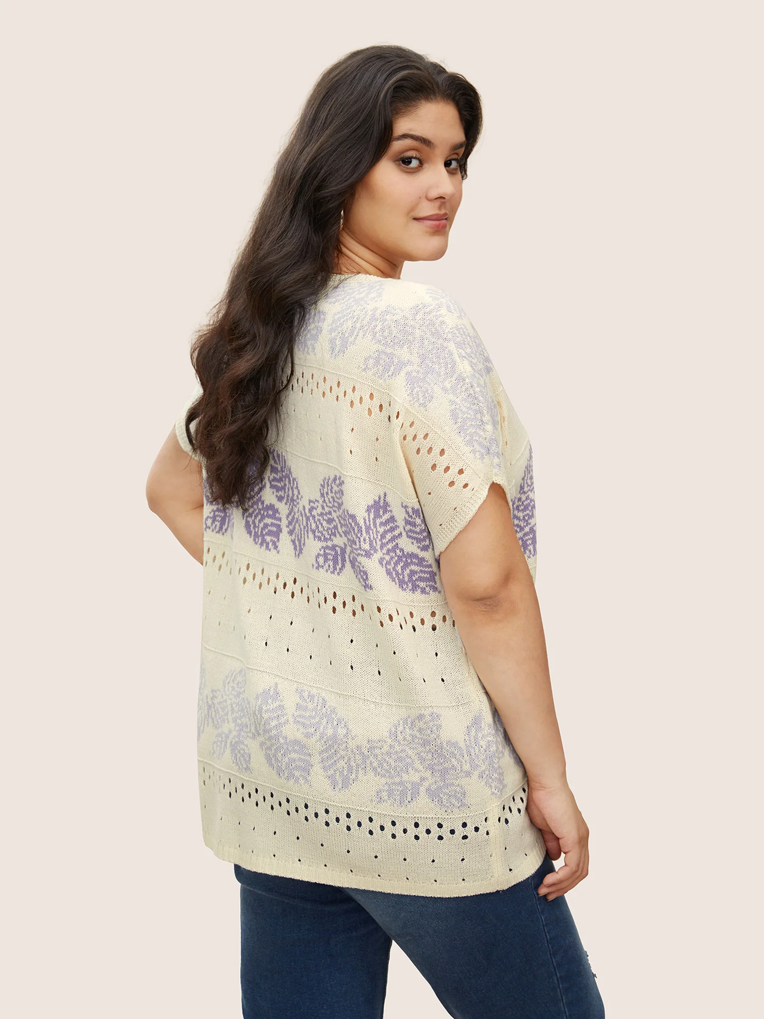 Leaves Print Dolman Sleeve Cut Out Pullover - Image 2