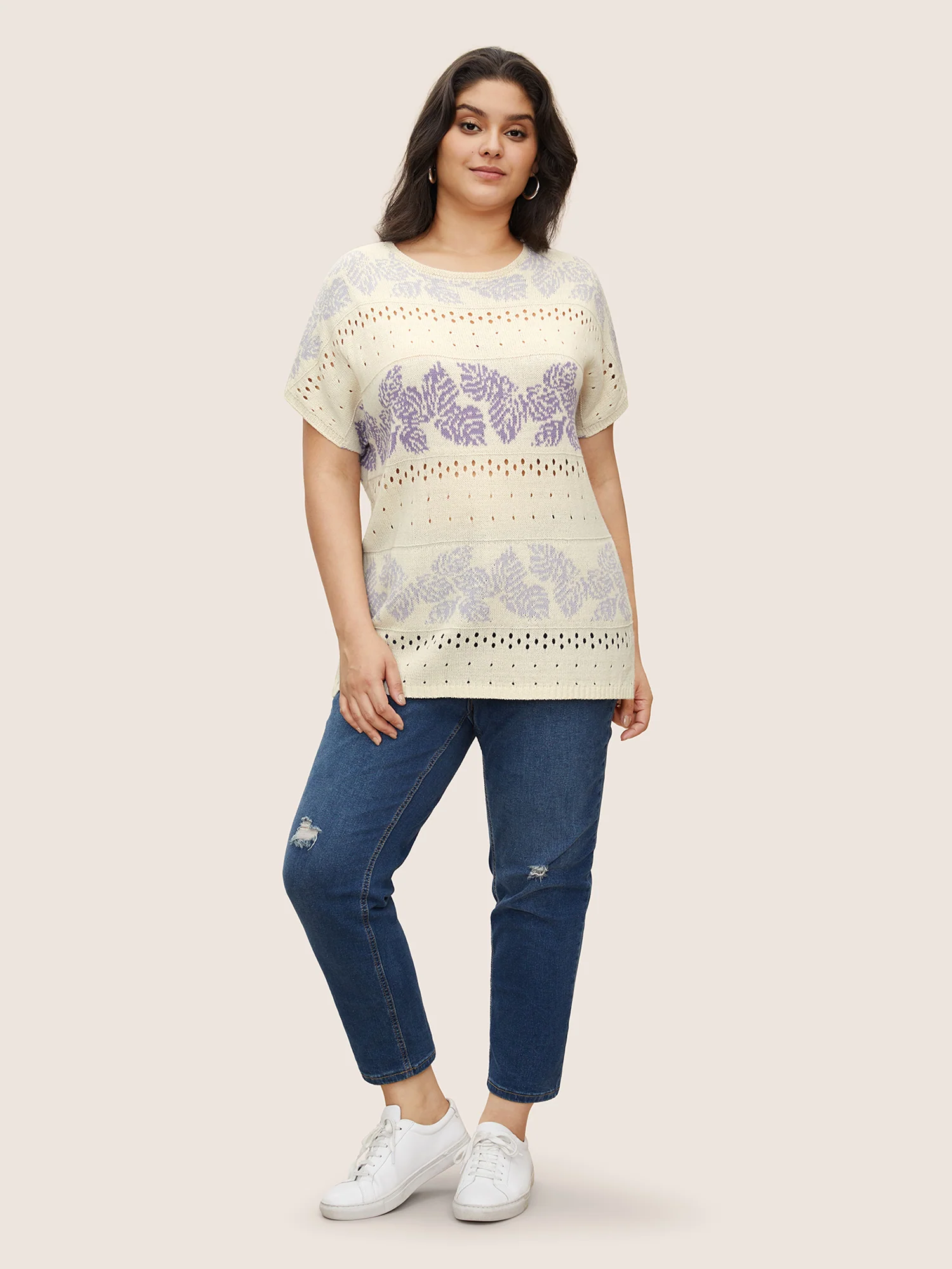 Leaves Print Dolman Sleeve Cut Out Pullover - Image 3