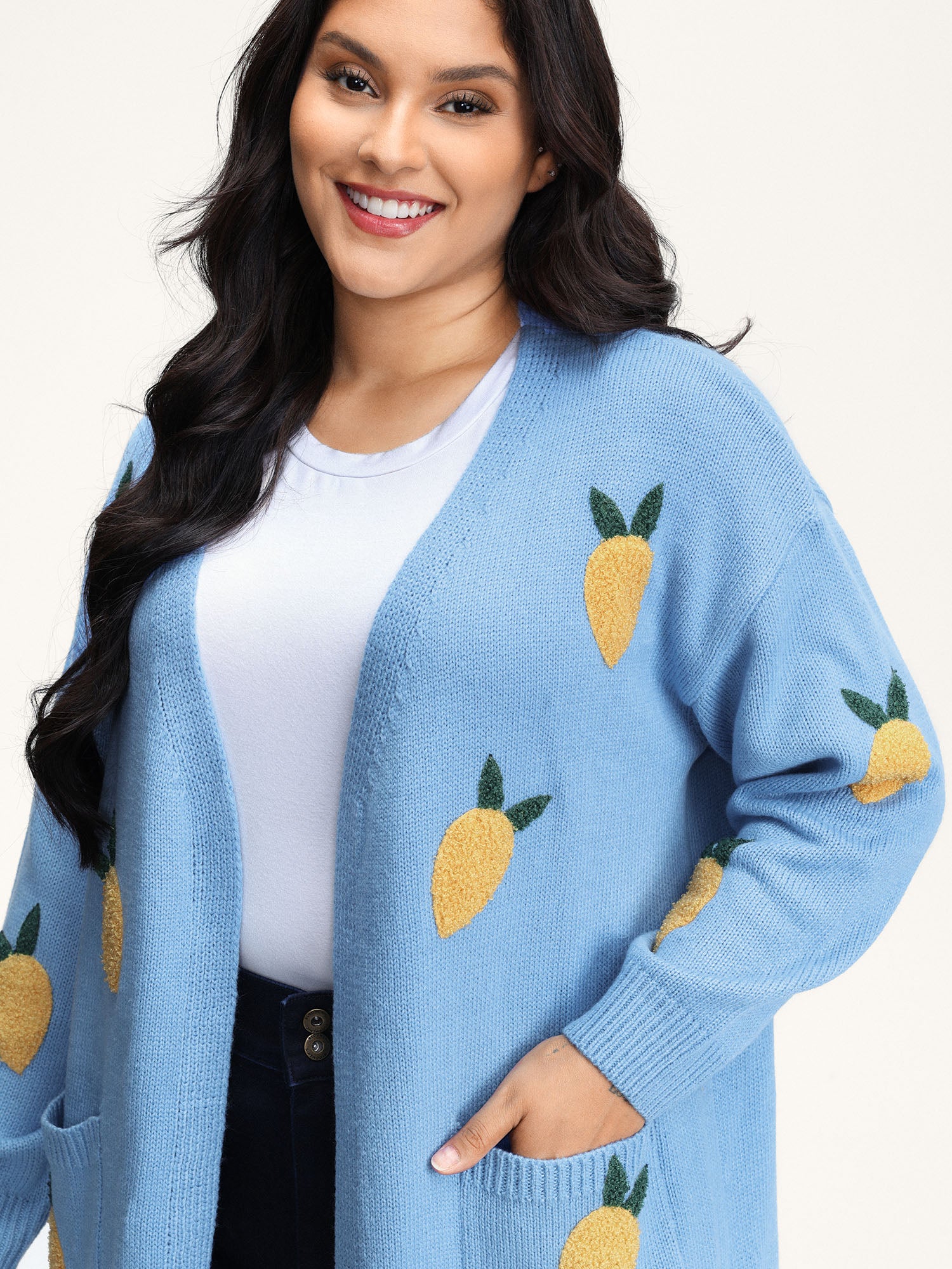 Lemon Embroidery V-Neck Pockets Knit Cardigan - Image 2