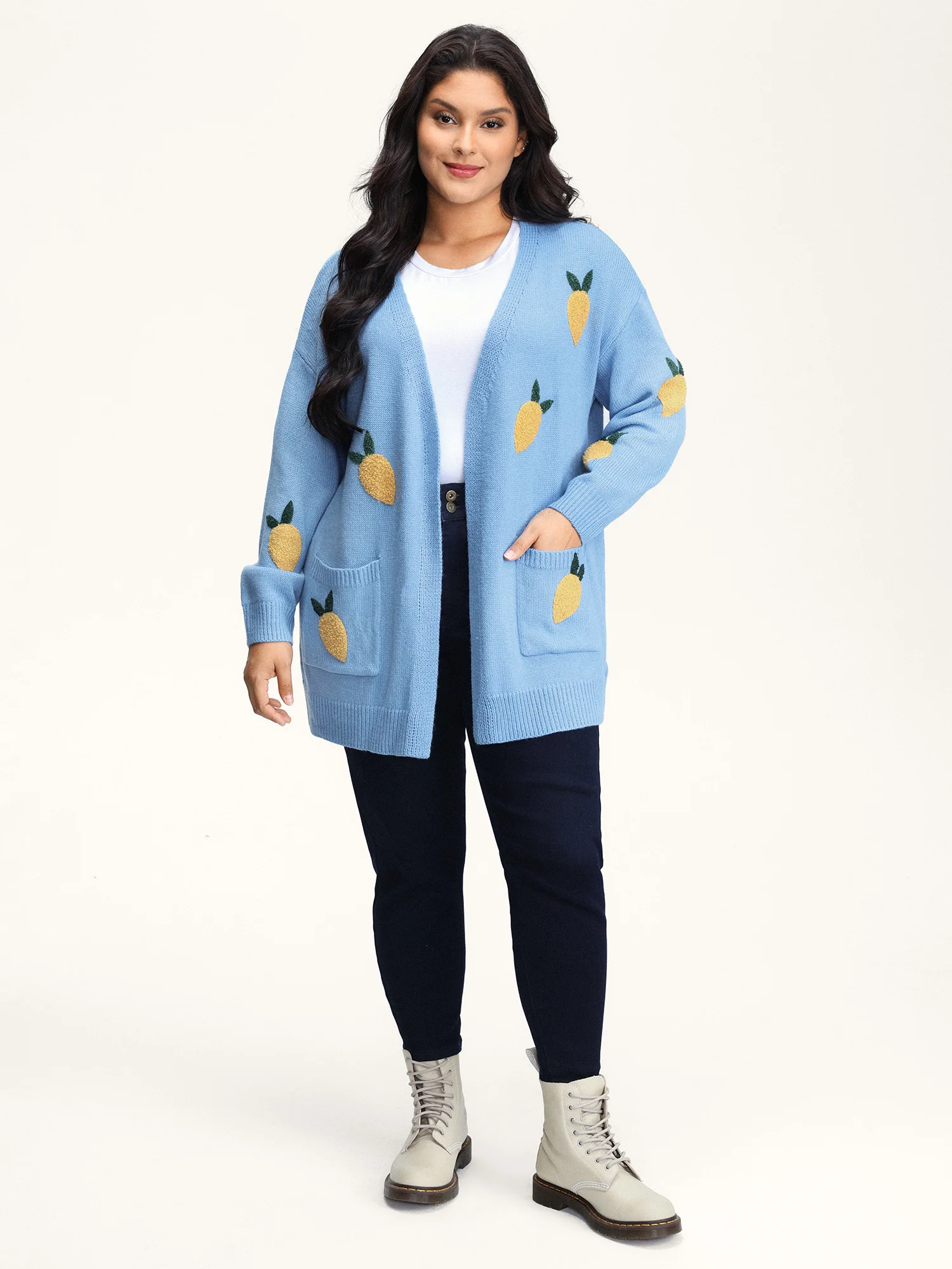 Lemon Embroidery V-Neck Pockets Knit Cardigan - Image 3