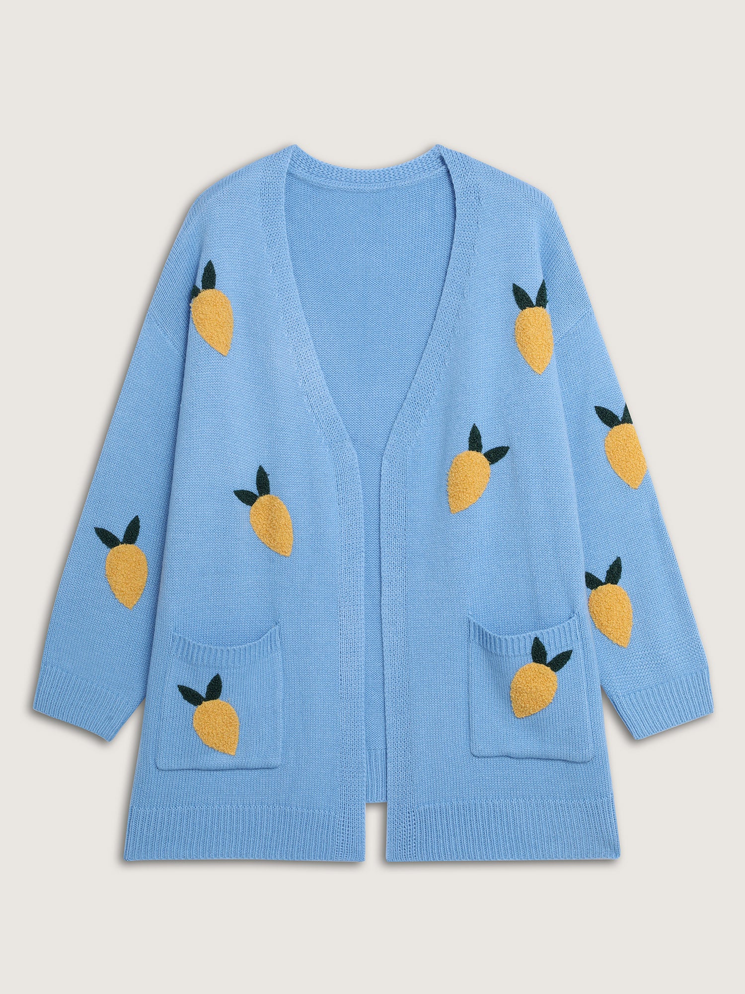 Lemon Embroidery V-Neck Pockets Knit Cardigan - Image 8