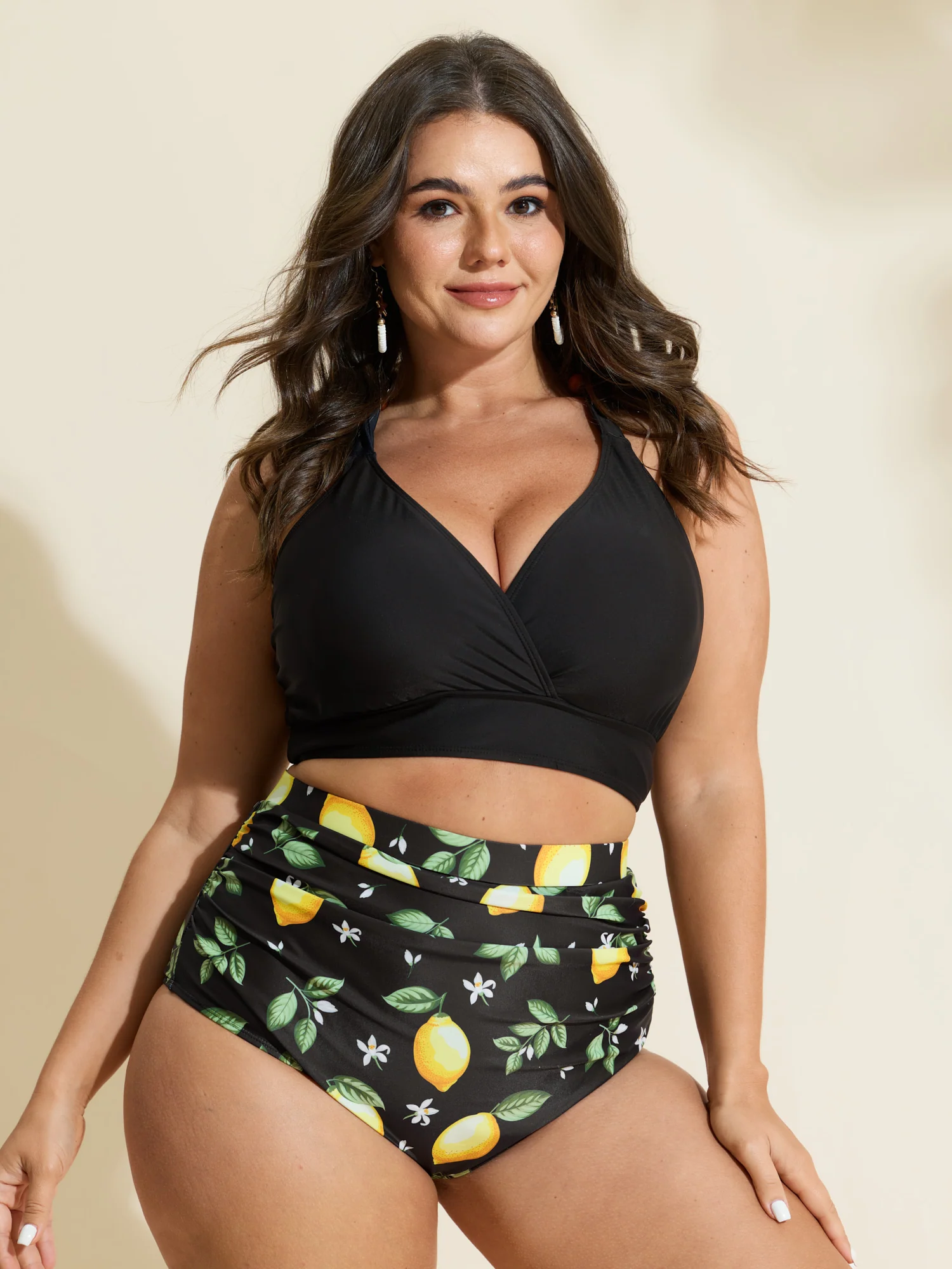 Lemon Print Pleated Tummy-Control Bikini Bottoms - Image 2