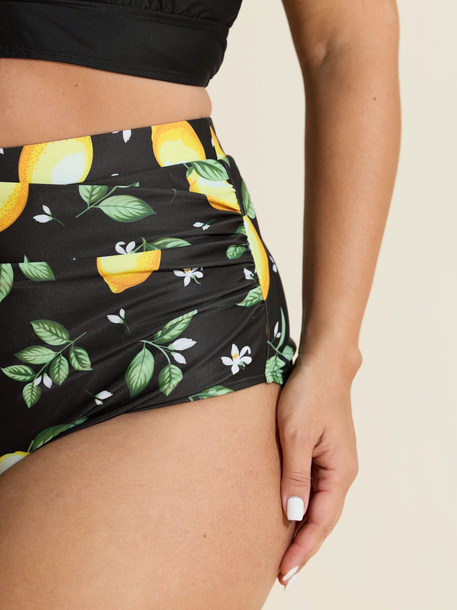 Lemon Print Pleated Tummy-Control Bikini Bottoms - Image 3