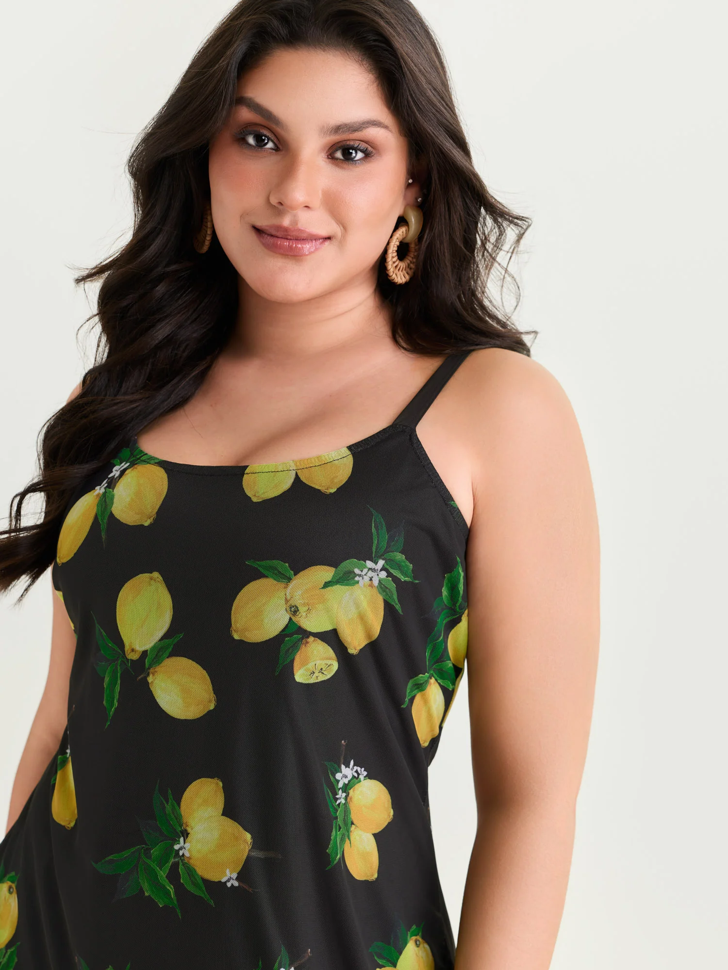 Lemon Print Stretchy Mesh Knit Midi Dress - Image 2