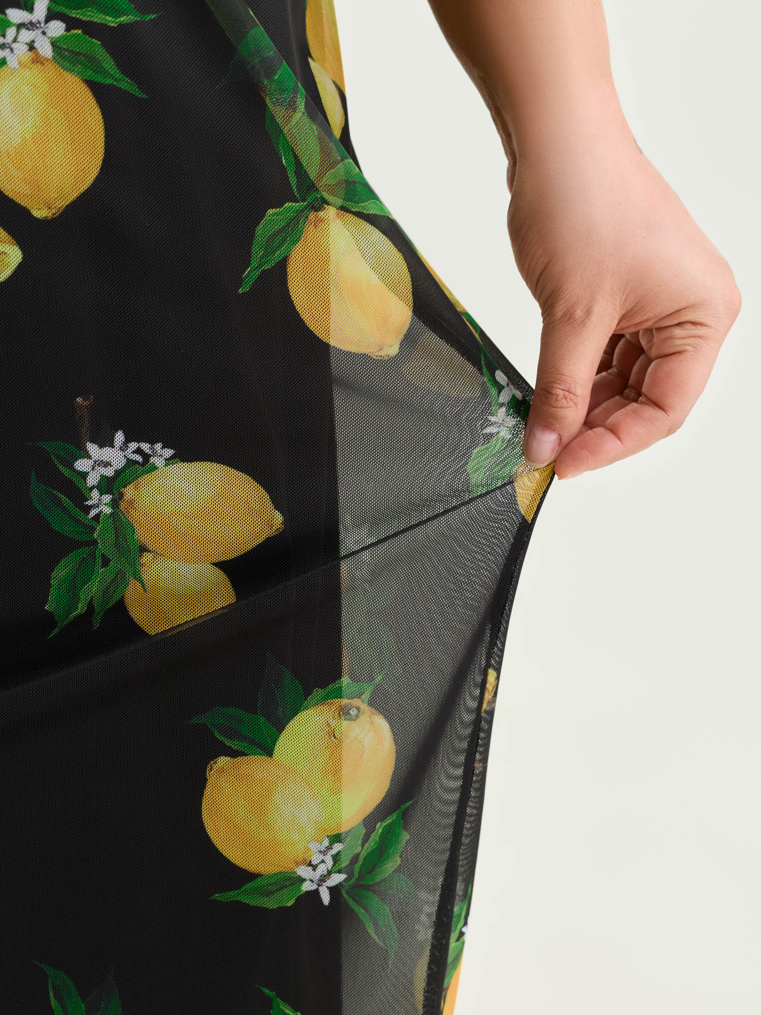 Lemon Print Stretchy Mesh Knit Midi Dress - Image 4