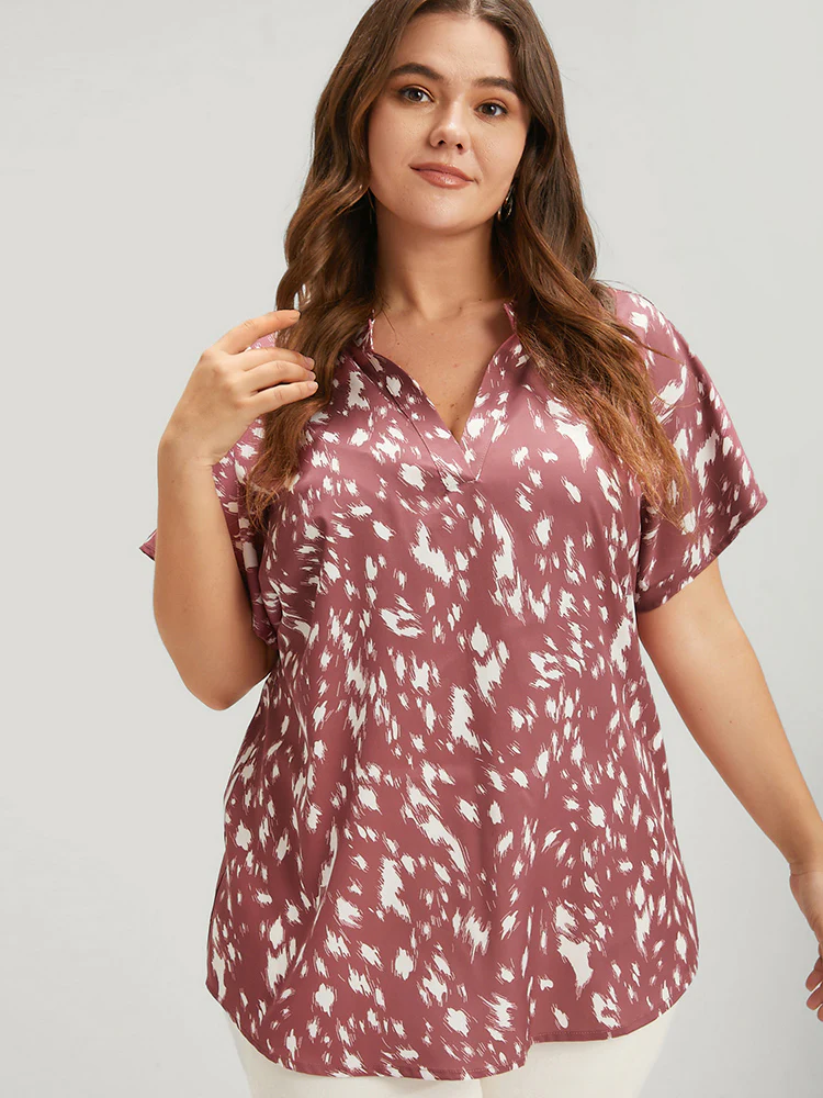 Leopard Arc Hem Dolman Sleeve V Neck Blouse - Image 5