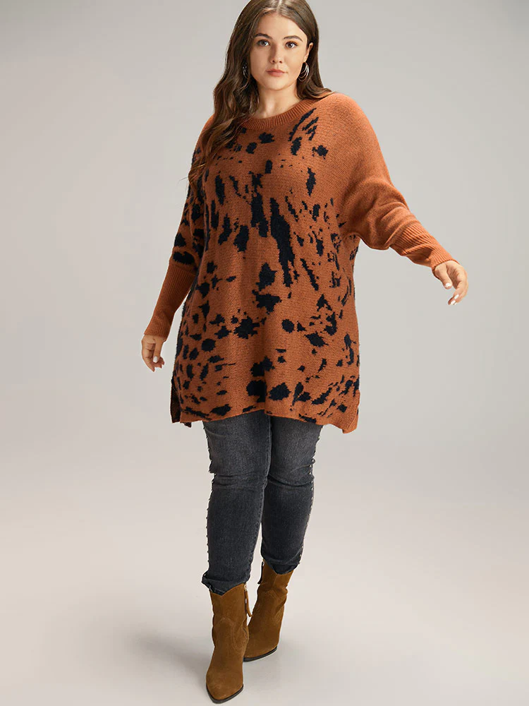 Leopard Batwing Sleeve Split Hem Pullover - Image 5