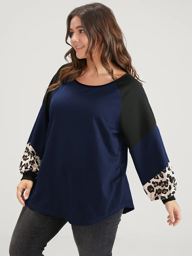 Leopard Colorblock Contrast Round Neck Sweatshirt - Image 3