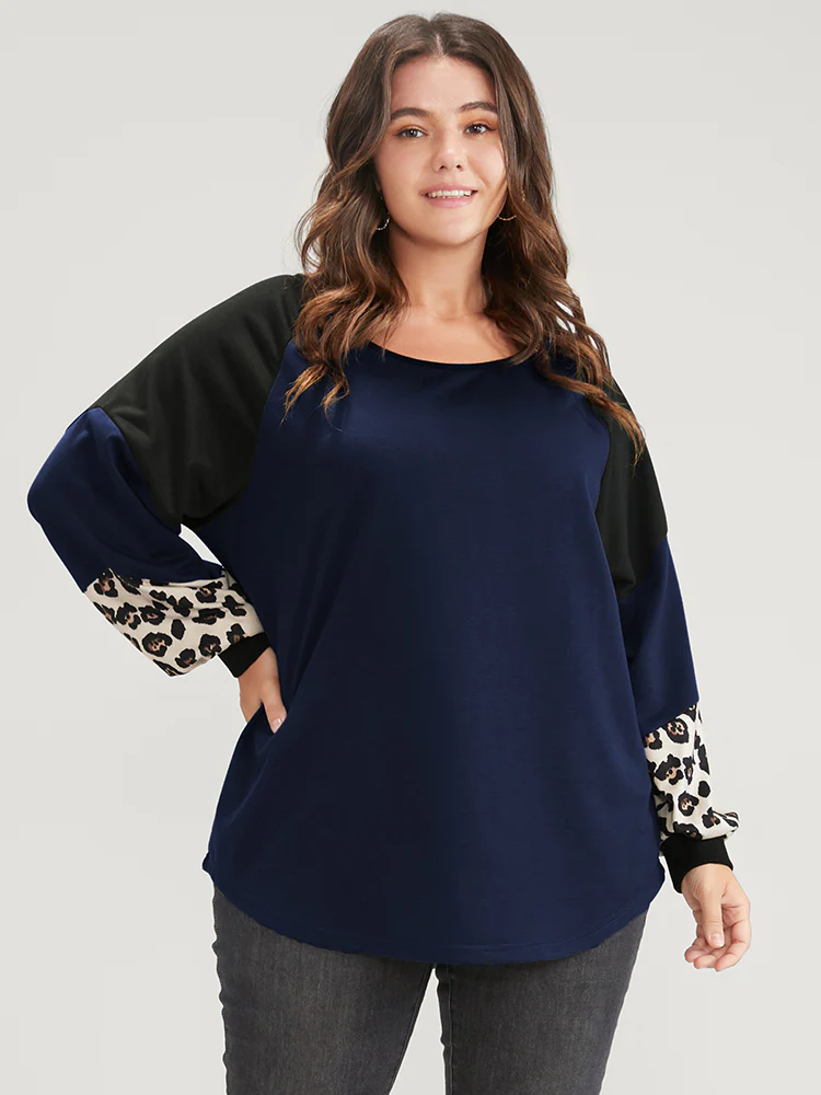 Leopard Colorblock Contrast Round Neck Sweatshirt - Image 4