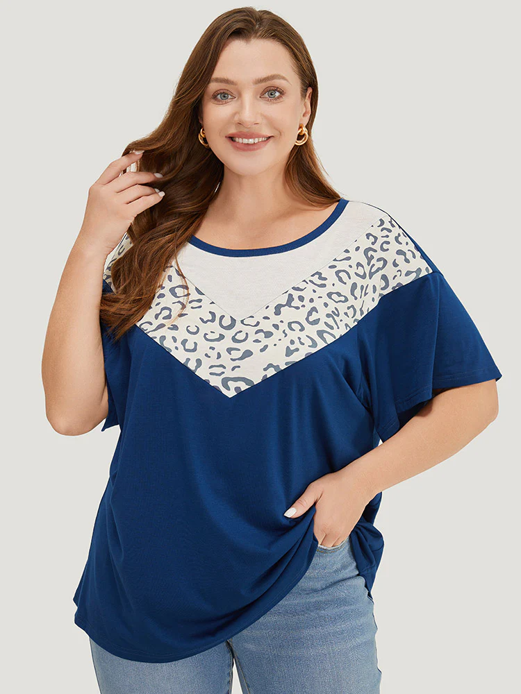 Leopard Contrast Batwing Sleeve Patchwork T-shirt
