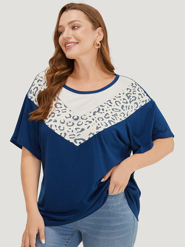 Leopard Contrast Batwing Sleeve Patchwork T-shirt - Image 2