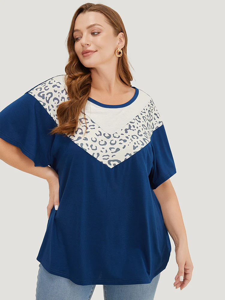 Leopard Contrast Batwing Sleeve Patchwork T-shirt - Image 3