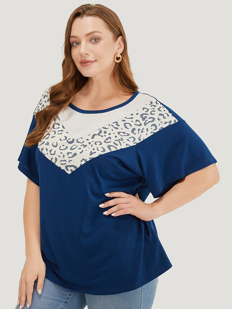 Leopard Contrast Batwing Sleeve Patchwork T-shirt - Image 4