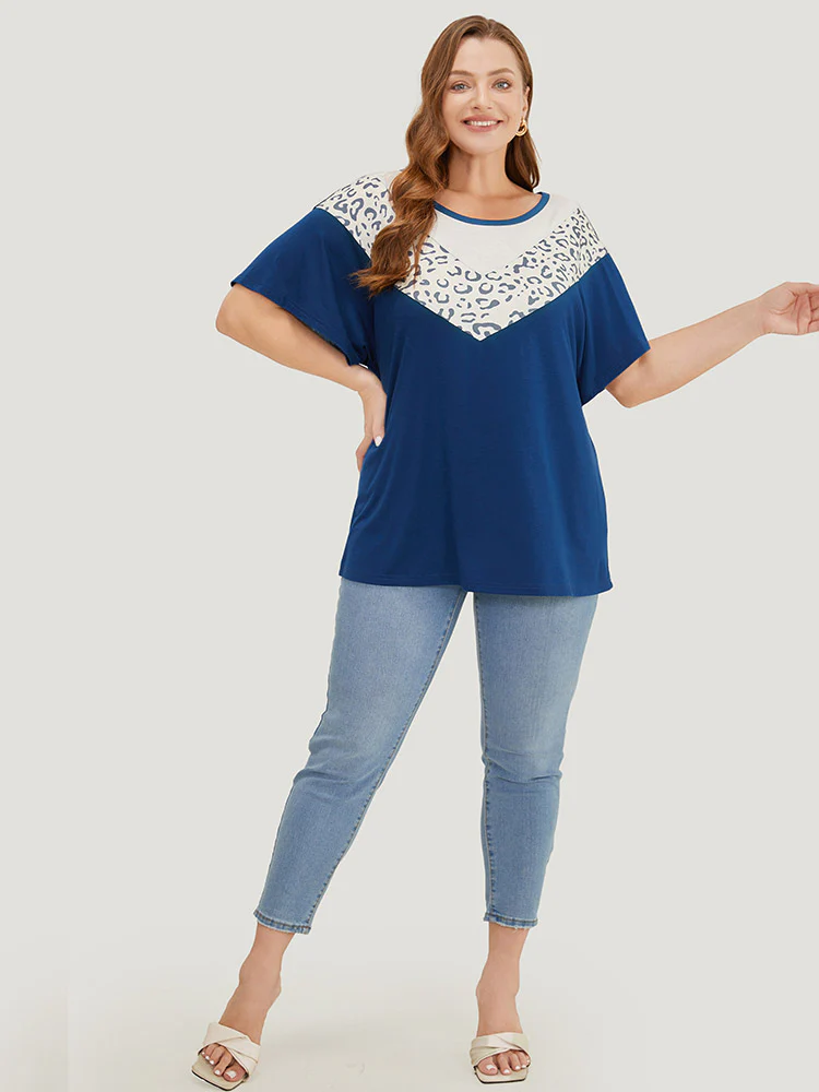 Leopard Contrast Batwing Sleeve Patchwork T-shirt - Image 6