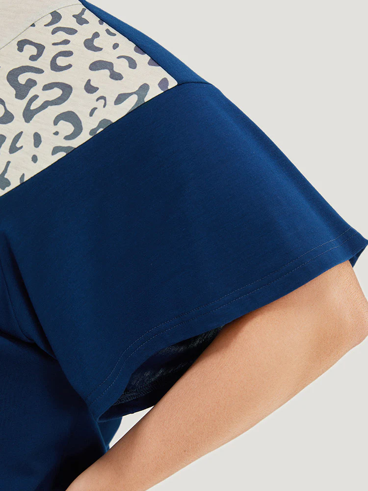 Leopard Contrast Batwing Sleeve Patchwork T-shirt - Image 7