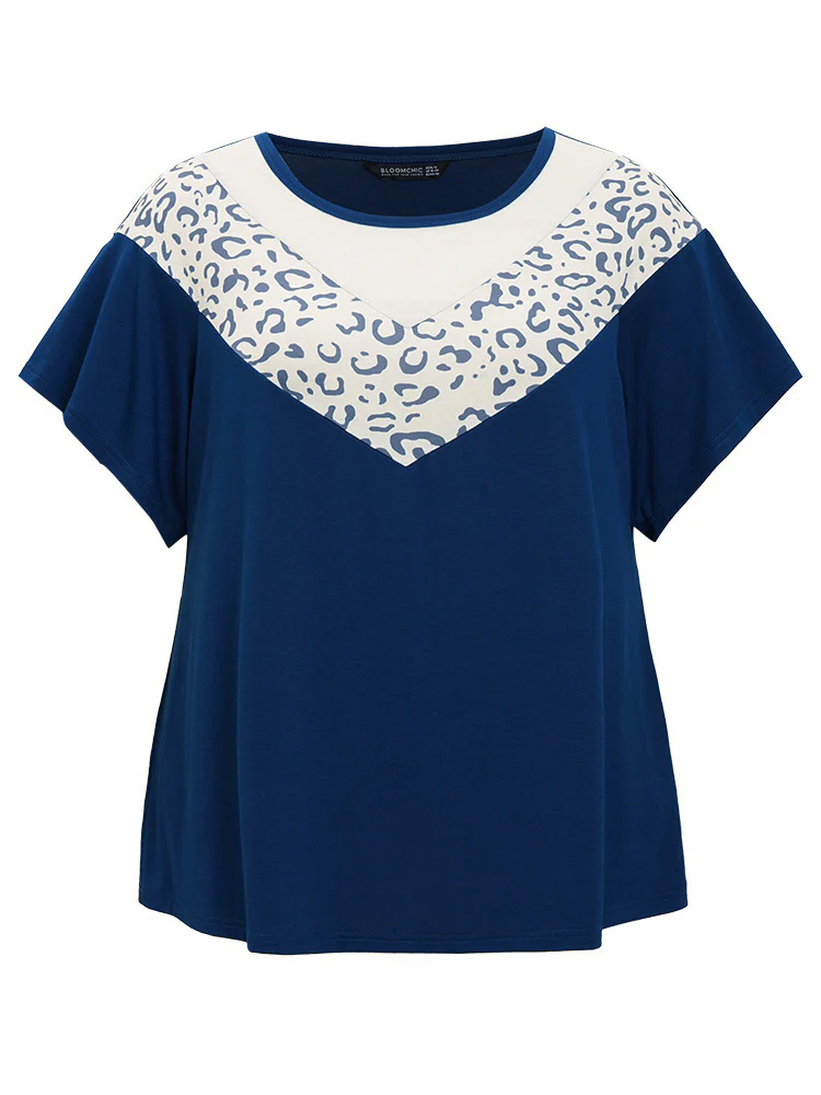 Leopard Contrast Batwing Sleeve Patchwork T-shirt - Image 9