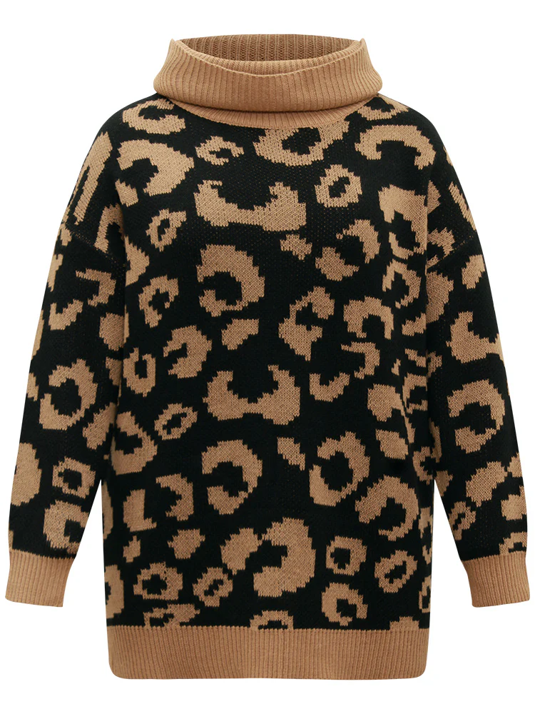 Leopard Contrast Jacquard Turtleneck Pullover - Image 6