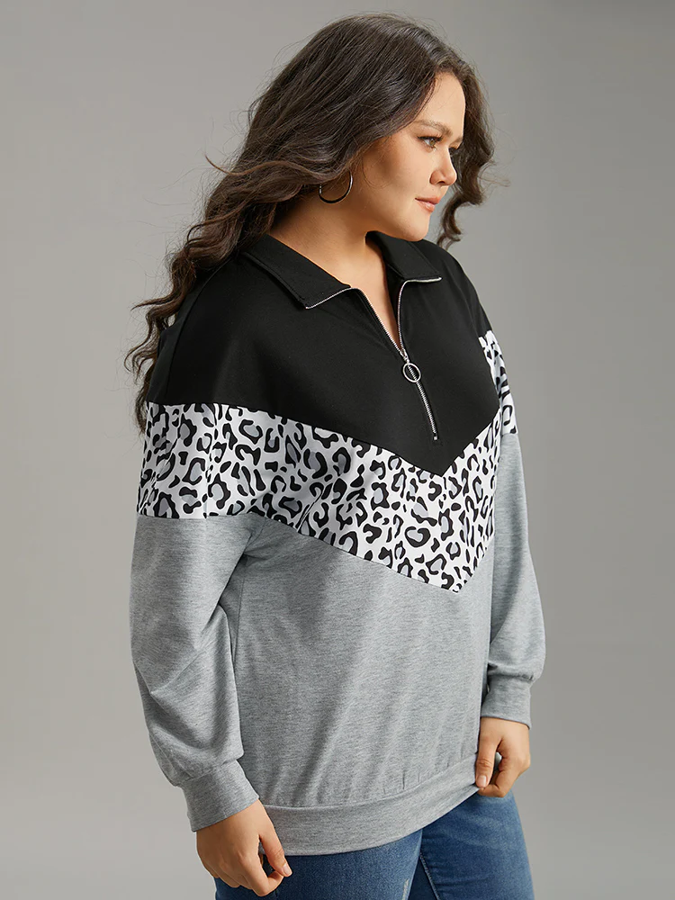 Leopard Contrast Patchwork Half Zip Sweatshirt - Image 2