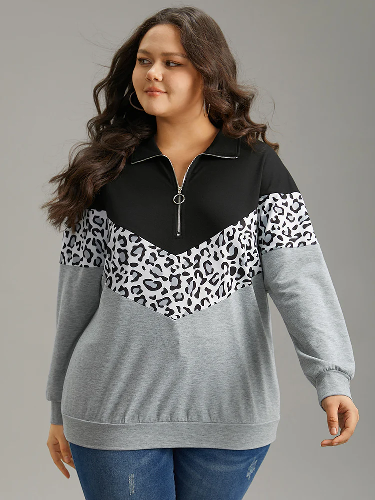 Leopard Contrast Patchwork Half Zip Sweatshirt - Image 3