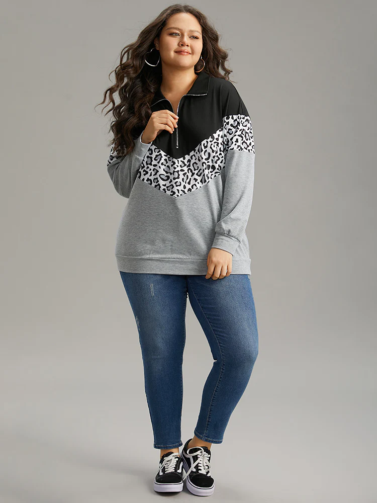 Leopard Contrast Patchwork Half Zip Sweatshirt - Image 4