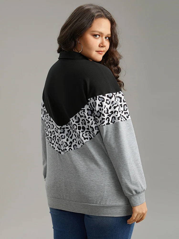 Leopard Contrast Patchwork Half Zip Sweatshirt - Image 5