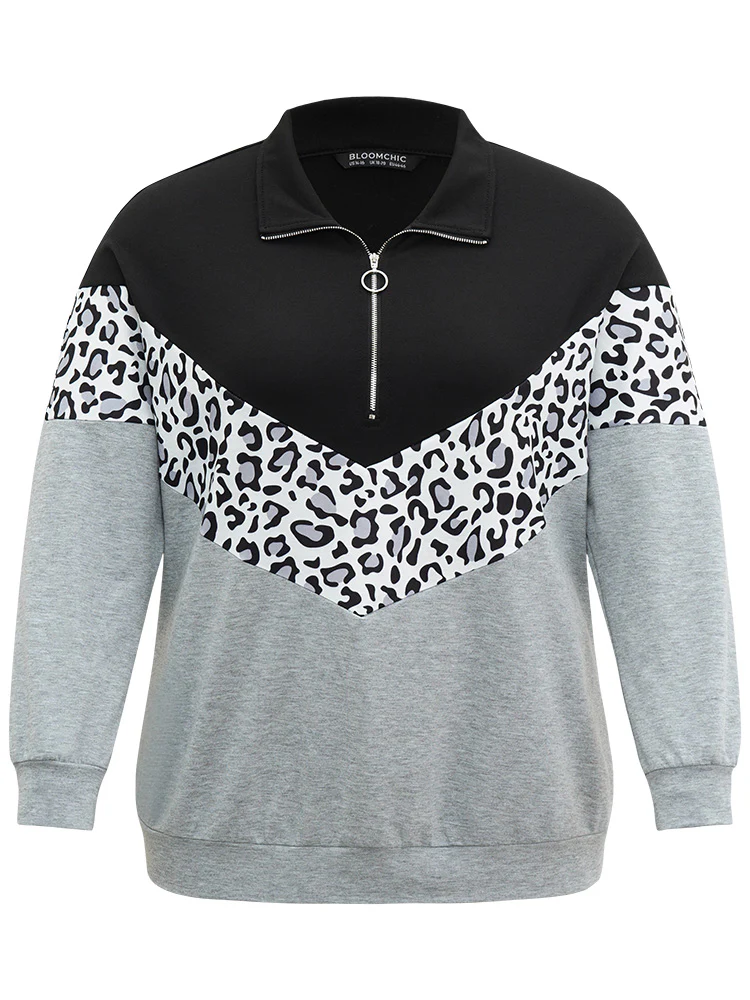 Leopard Contrast Patchwork Half Zip Sweatshirt - Image 7