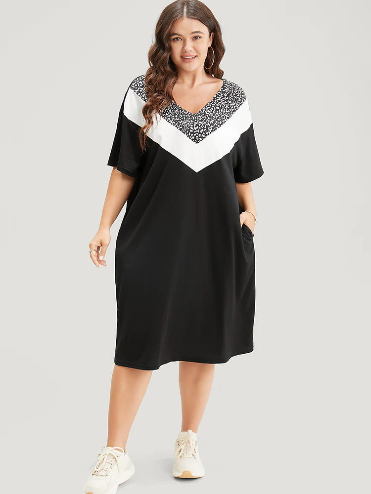 Leopard Contrast Pocket Arc Hem Dress