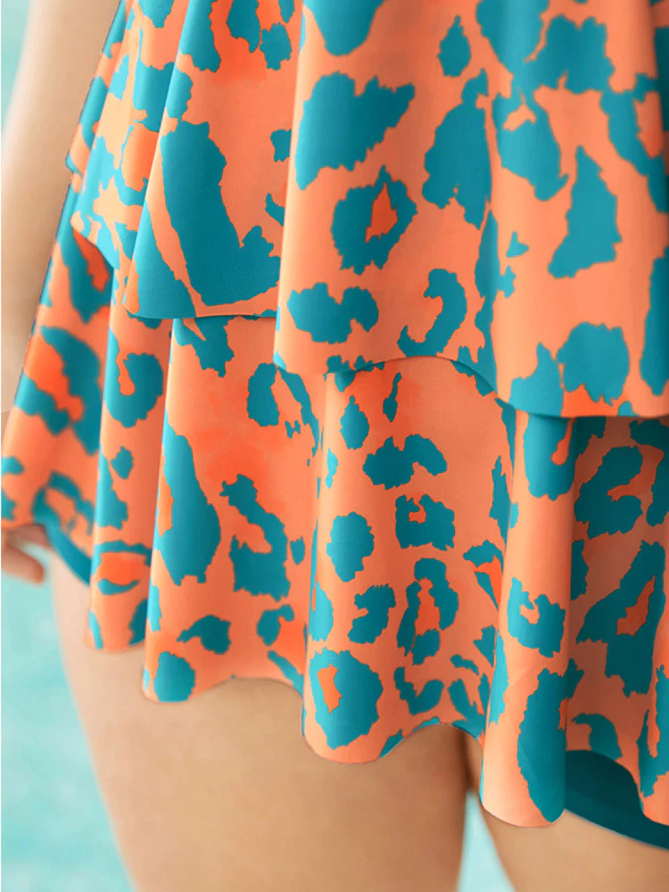 Leopard Contrast Ruffle Tiered Hem Tankini Top - Image 9
