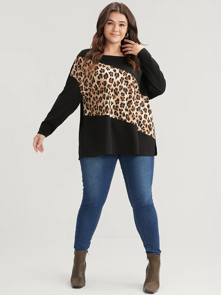 Leopard Drop Shoulder Split Long Tee - Image 2