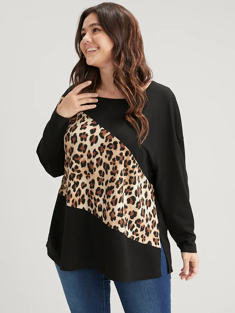 Leopard Drop Shoulder Split Long Tee - Image 4