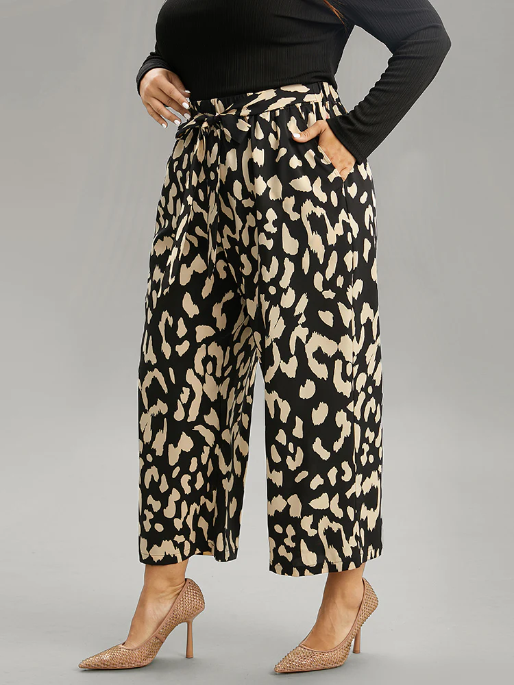 Leopard Elastic Waist Ties Wide Leg Pants - Image 3