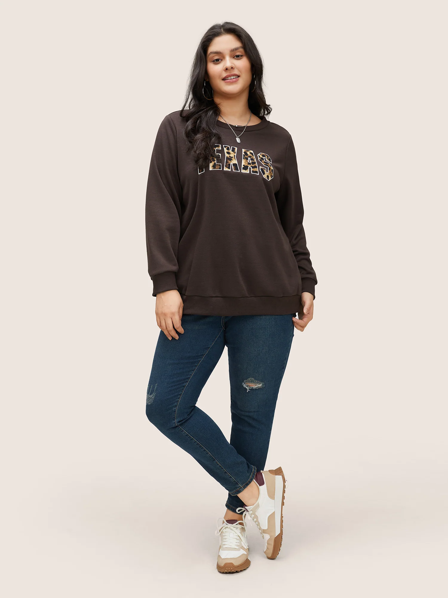 Leopard Embroidered Patch Rib Knit Sweatshirt - Image 3
