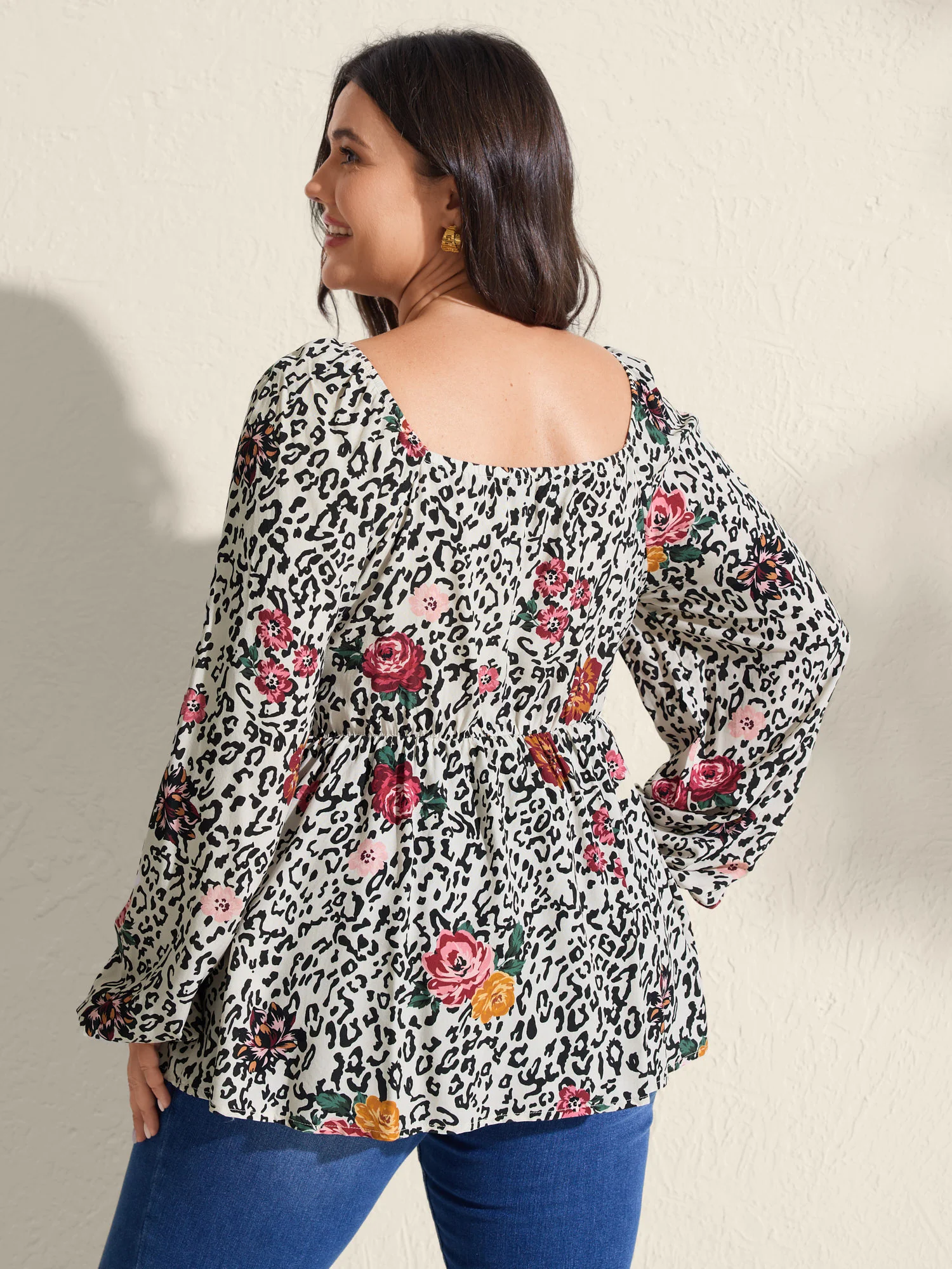 Leopard Floral Print Shirred Blouse - Image 4