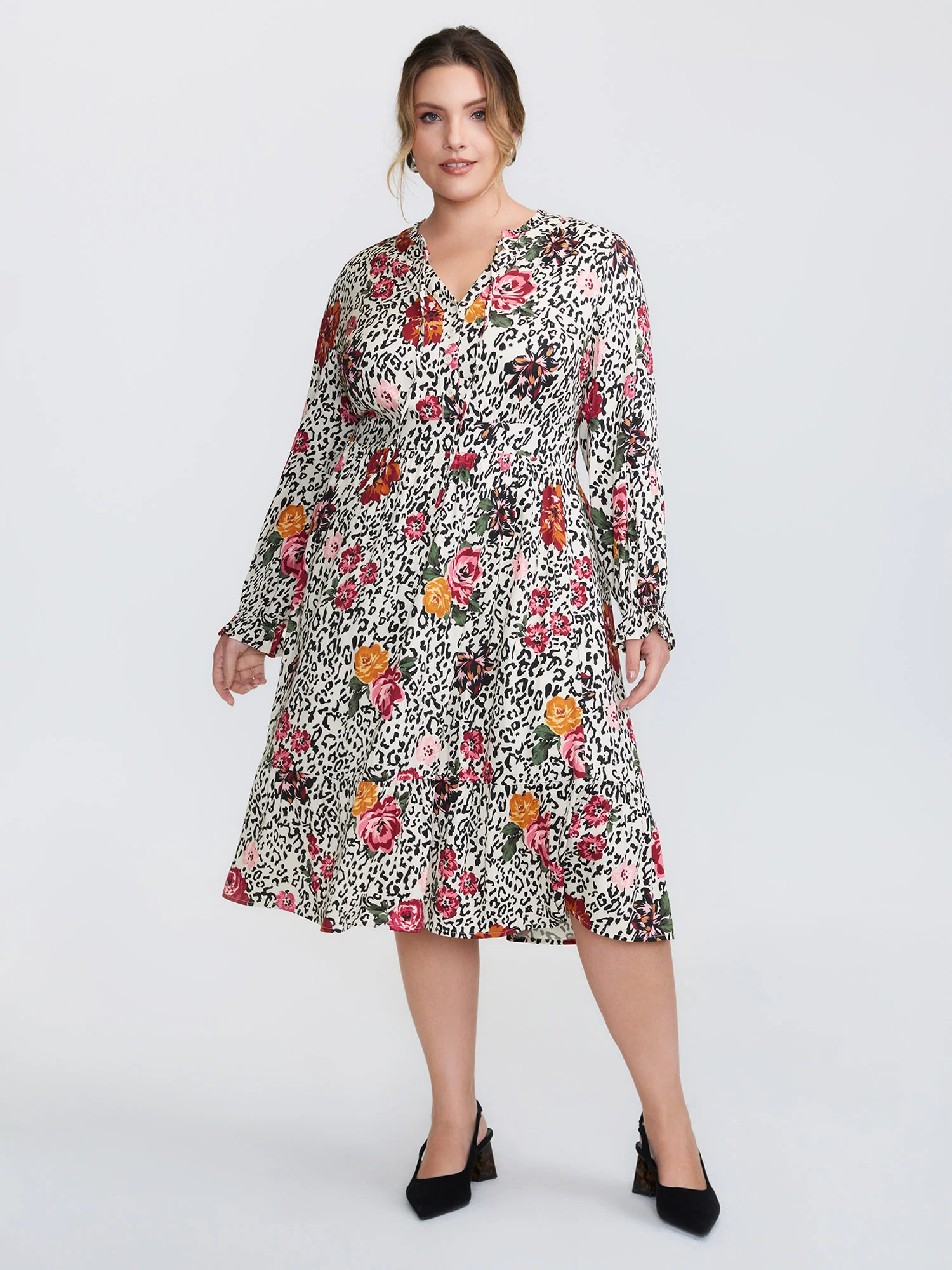 Leopard Floral Print Shirred Waist Midi Dress - Image 3