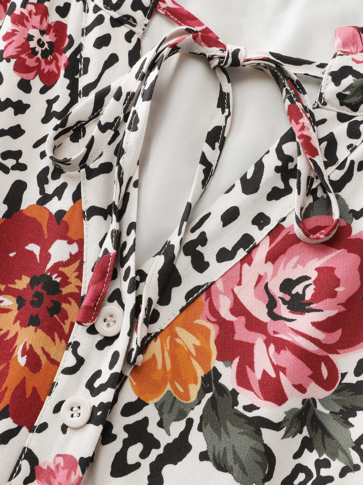 Leopard Floral Print Shirred Waist Midi Dress - Image 6