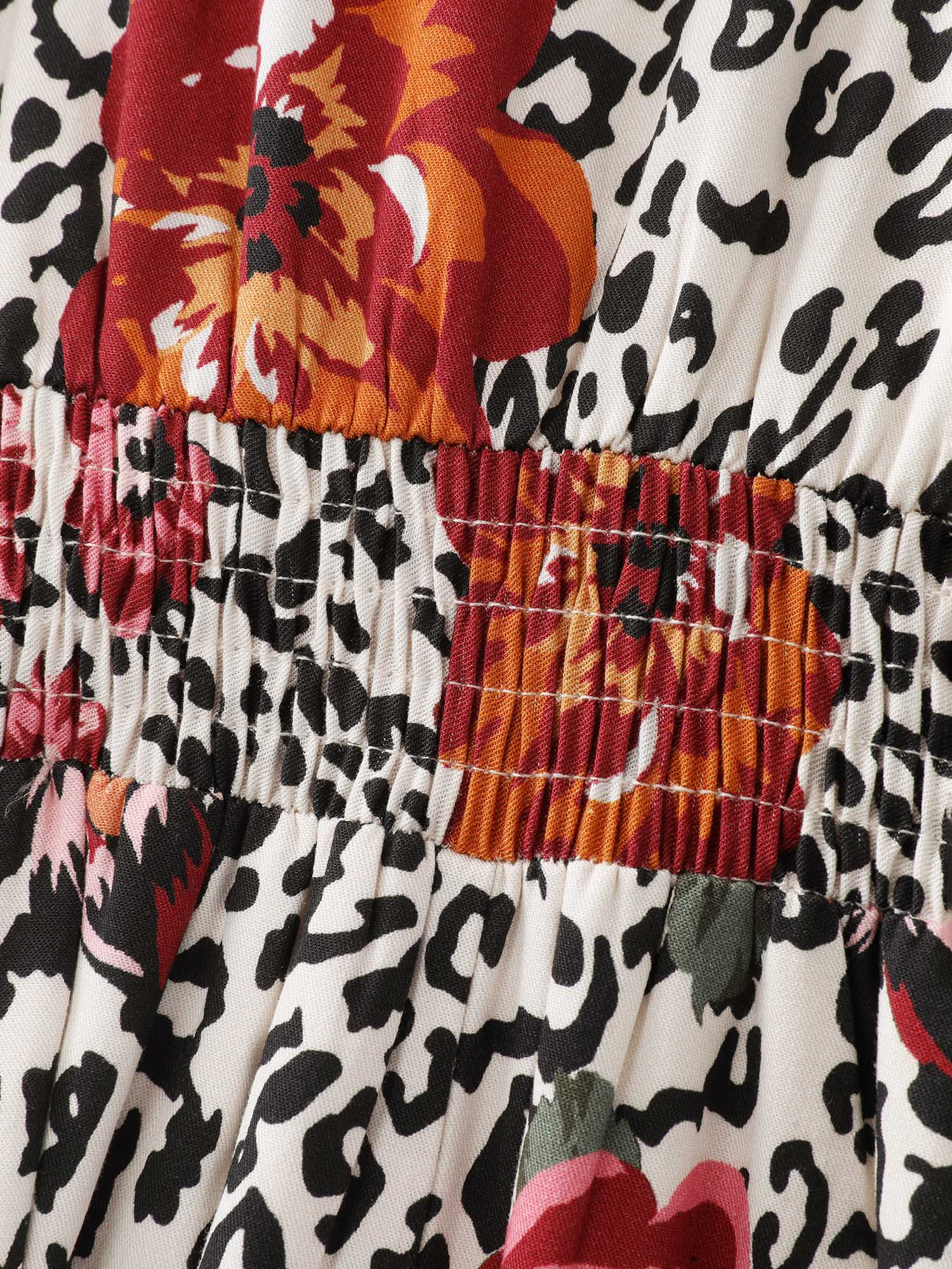 Leopard Floral Print Shirred Waist Midi Dress - Image 7